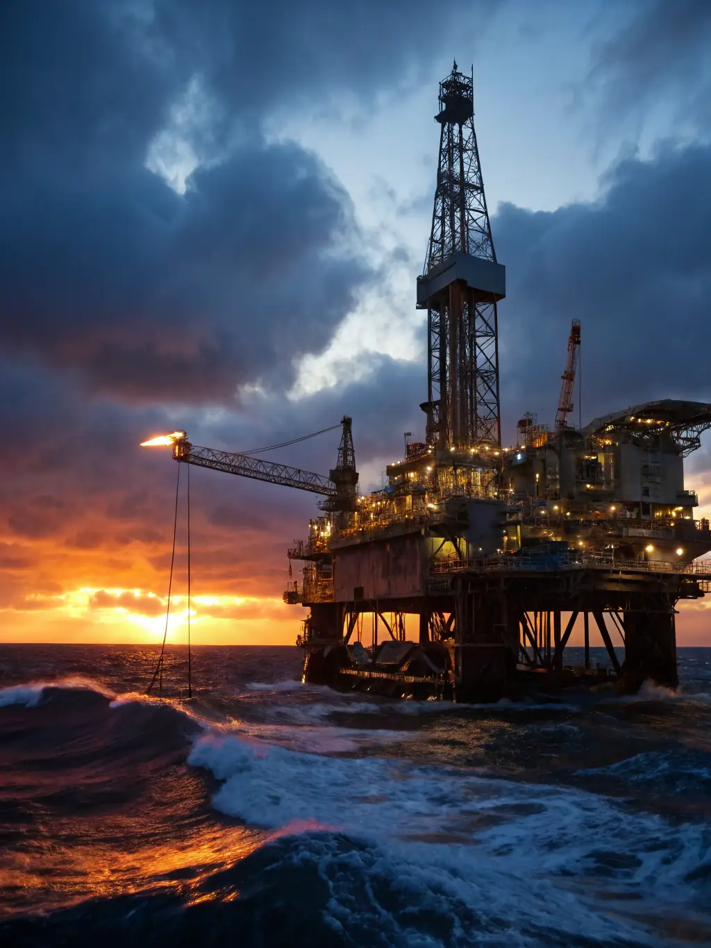 A high-angle, wide shot of an oil rig at sunset in Kazakhstan, with clear skies and visible extraction equipment.
