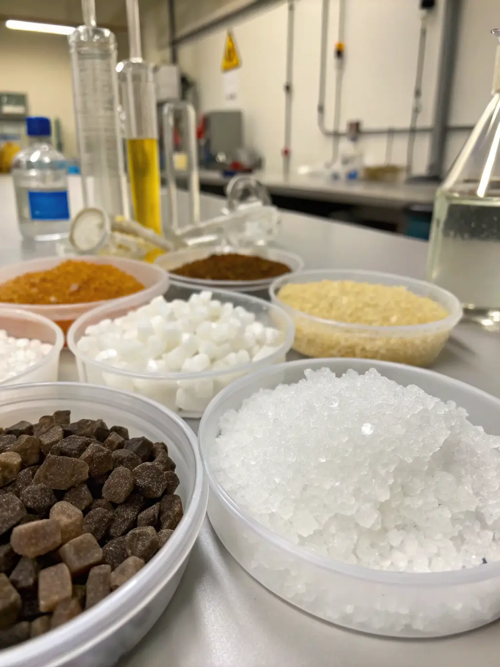 A close-up of various refined petroleum products, such as gasoline and lubricants, being tested in a laboratory setting.