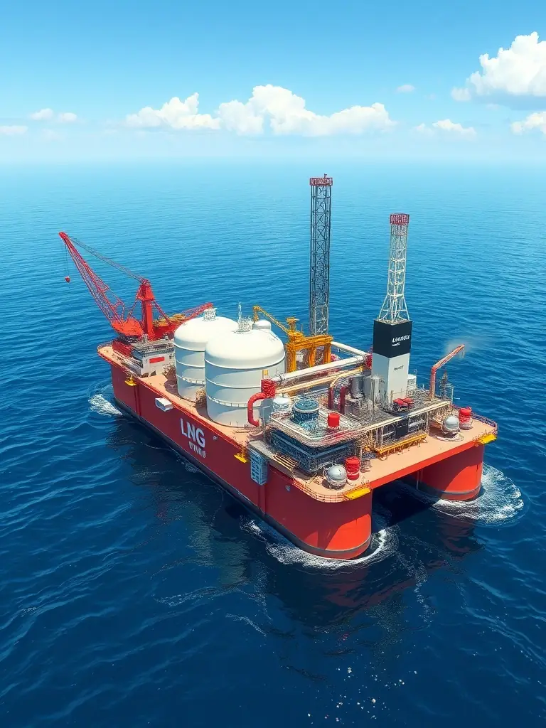 A modern natural gas processing plant with pipelines and storage tanks, set against a clear blue sky.