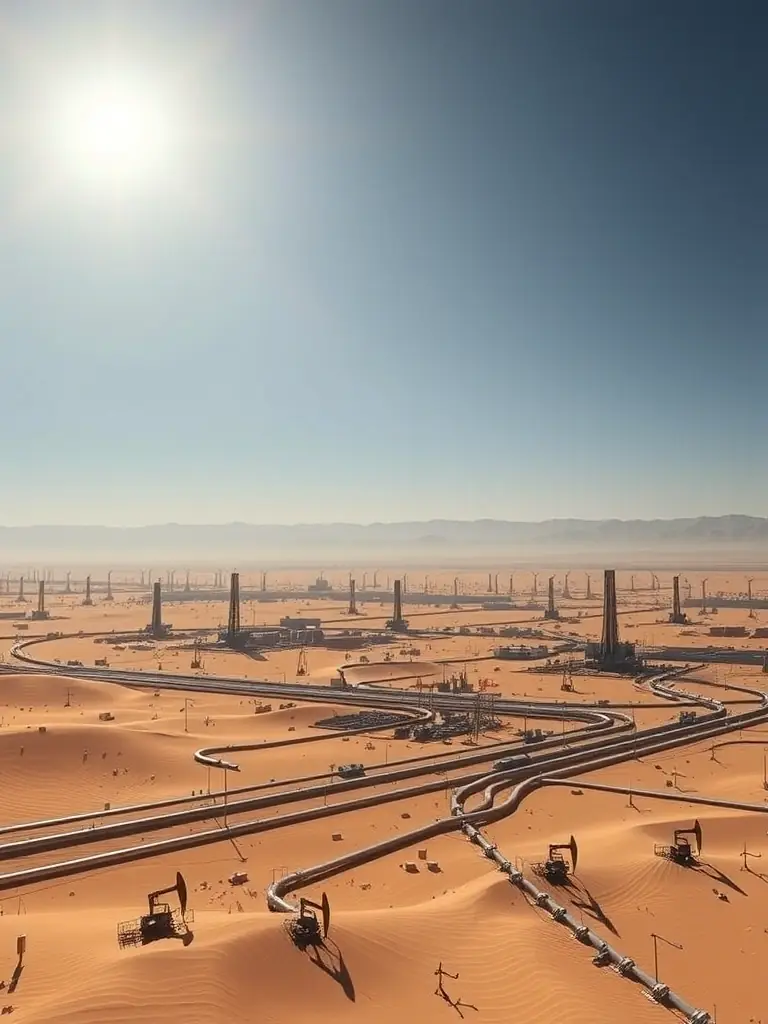 A panoramic view of an oil field in Kazakhstan, showcasing the scale of operations and the surrounding landscape.
